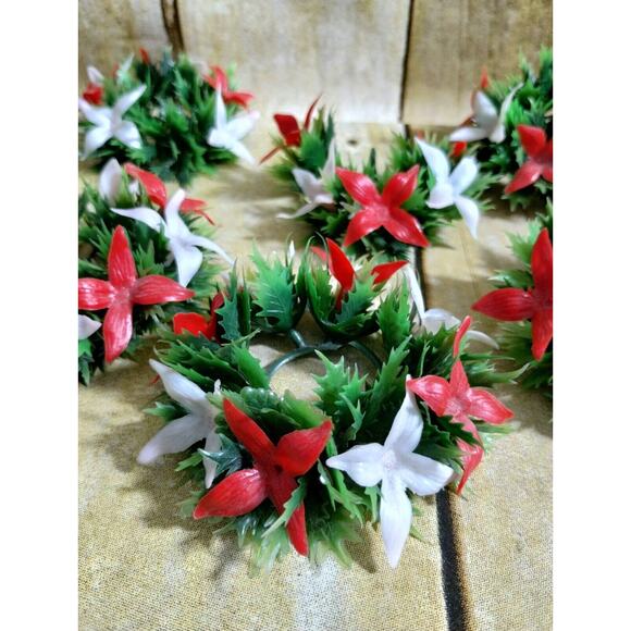 Vtg Christmas Plastic Candle Rings Poinsettia Holly Berries Set Of 6 - Picture 2 of 5